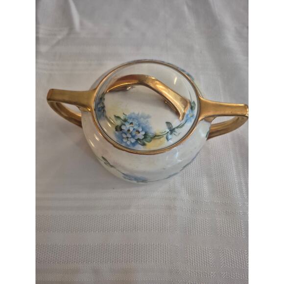 Rare Antique Buffalo China 1918 Sugar Bowl Hand Painted Forget Me Not Gold Trim - Picture 8 of 9